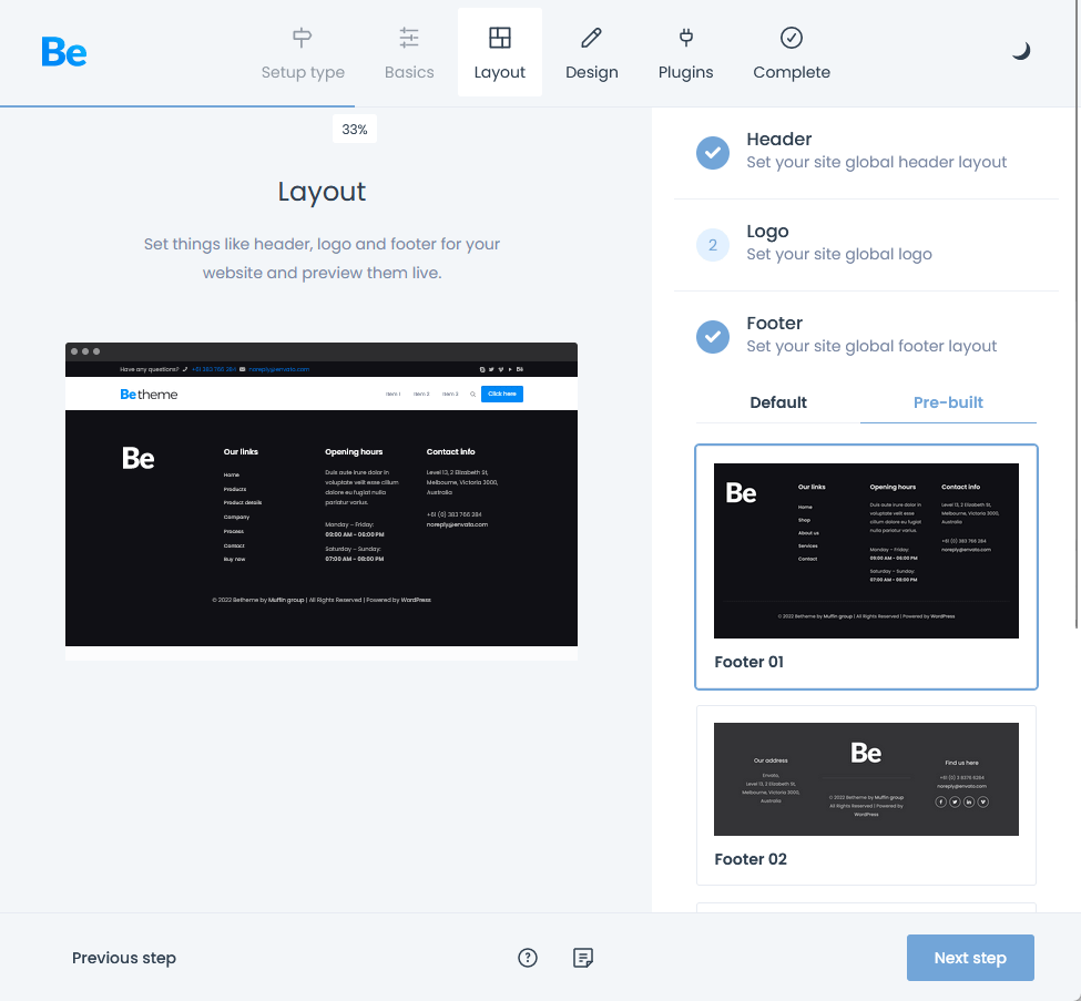 set the header, logo, and footer for your website