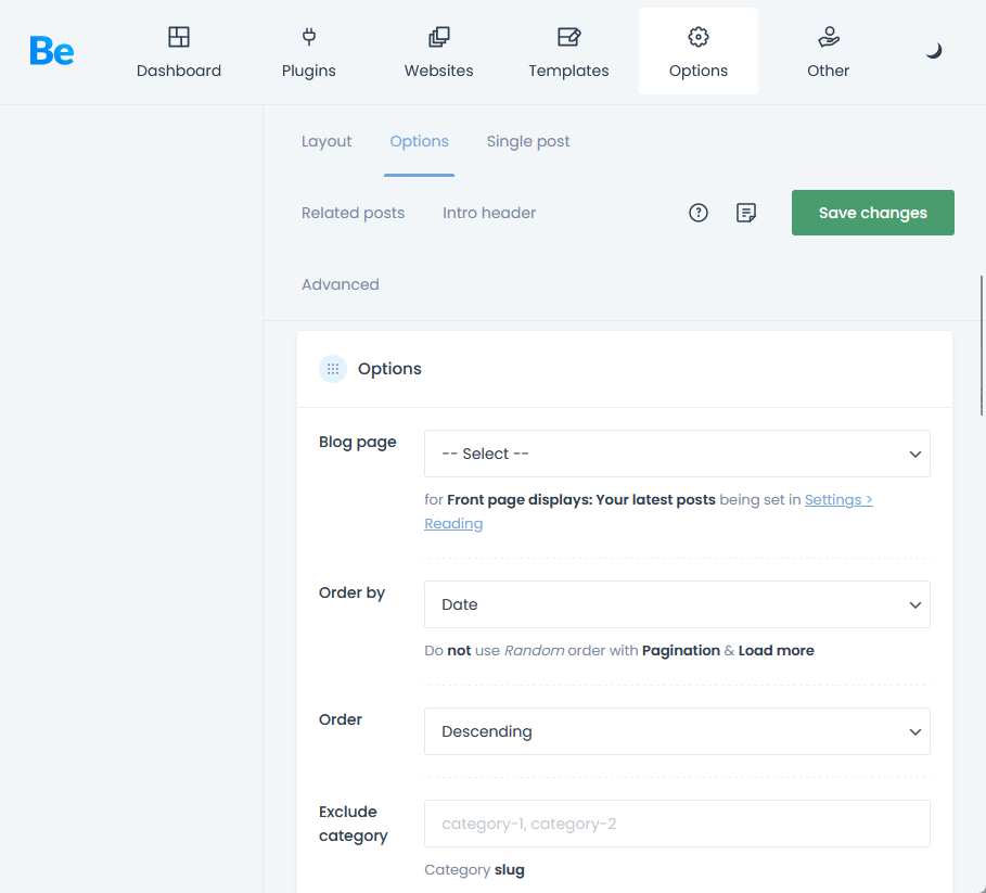 blog options under the theme options of betheme
