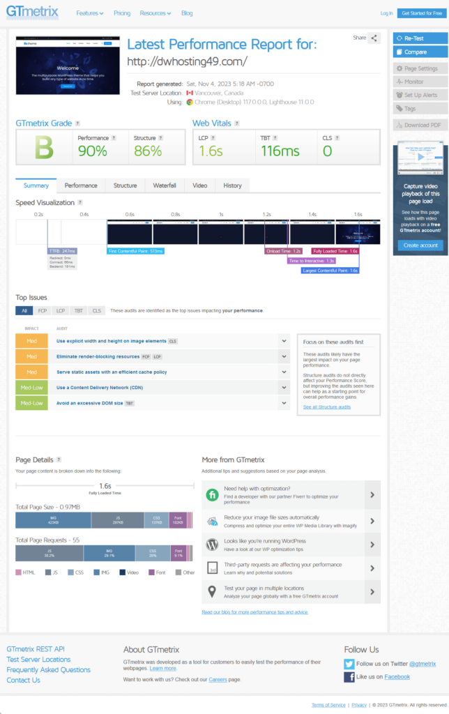 gtmetrix results from betheme’s pre-built website