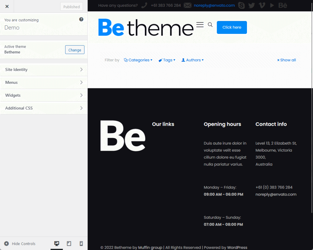 the live customizer settings barely contain any options