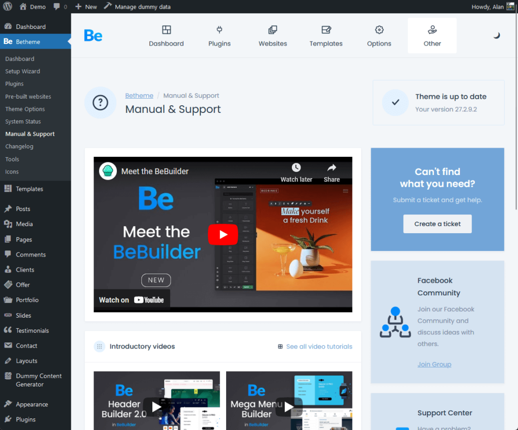 betheme’s manual and support page in the admin dashboard