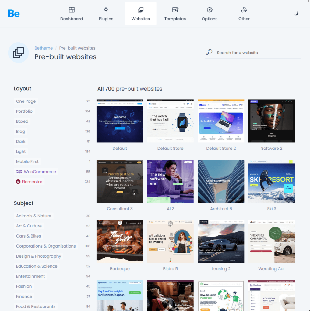 all the 700 pre-built websites available with betheme