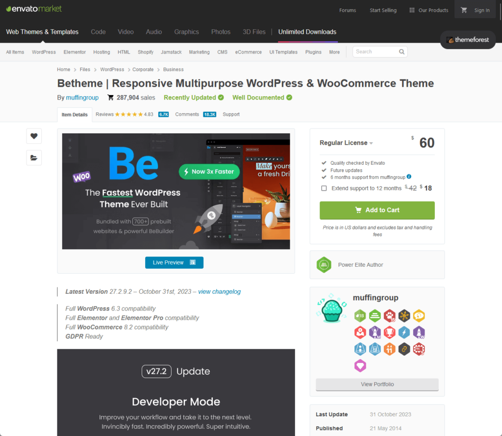 betheme listing on the envato market