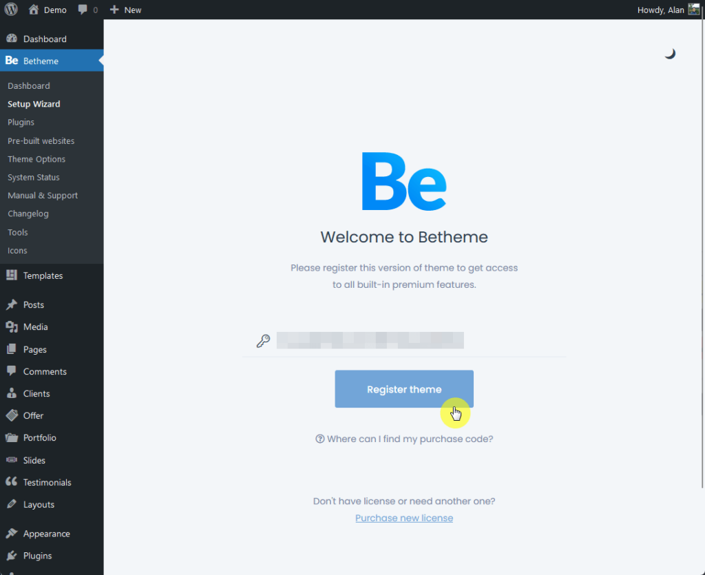 register betheme on this page