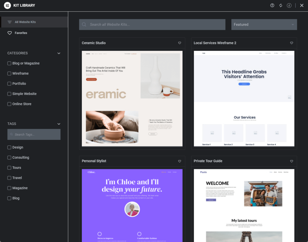 all website kits available inside elementor