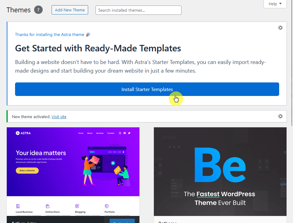 the prompt for installing the starter templates plugin