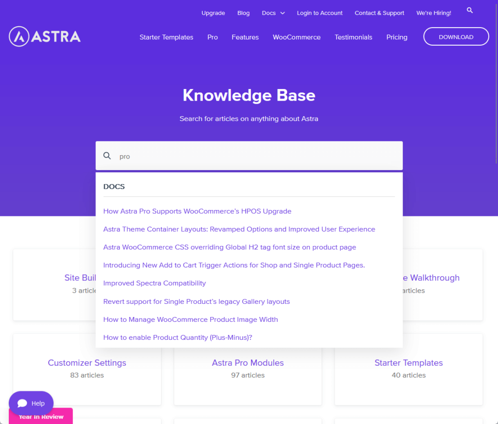 trying out the search feature in astra’s knowledge base