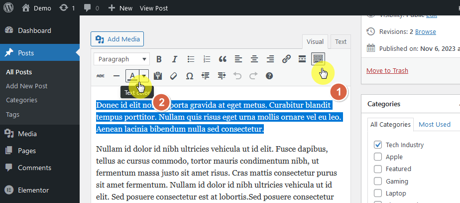 the text color option under the toolbar toggle