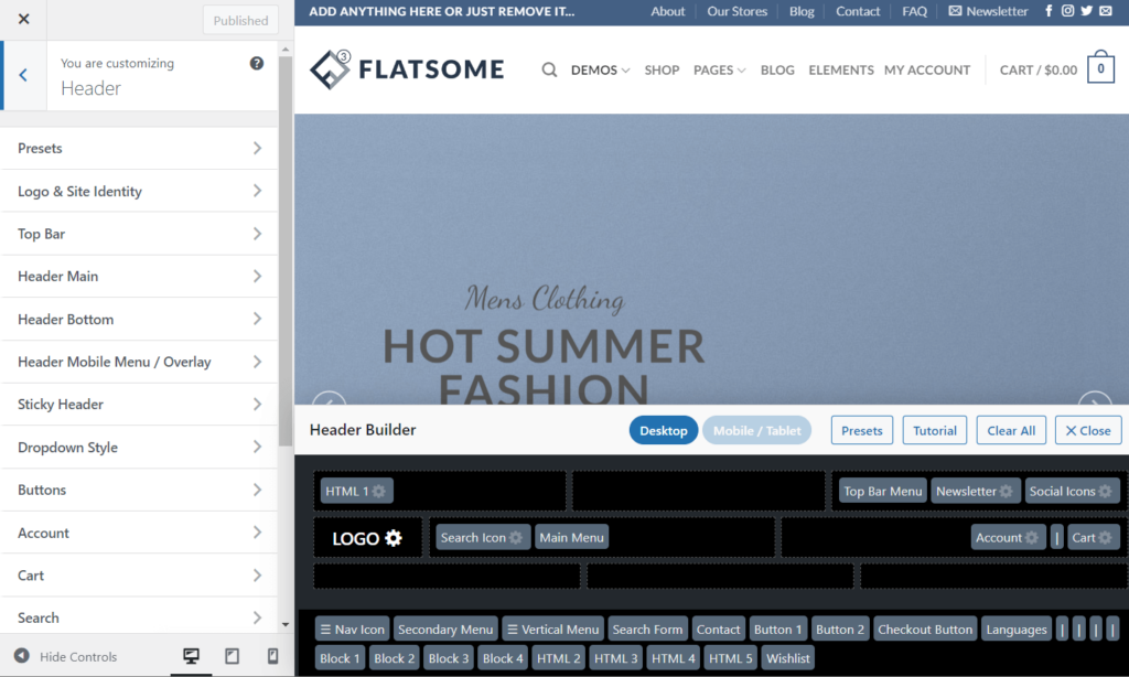 Header customization settings