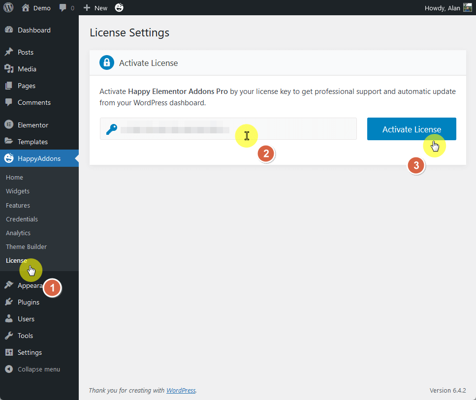 activate the license of happy addons pro