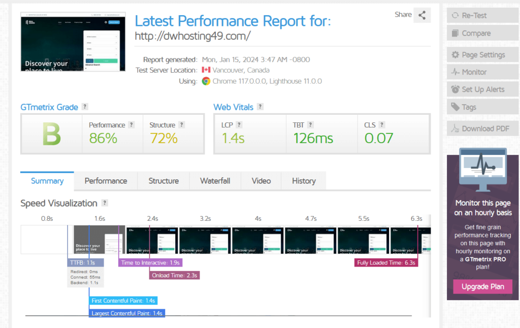 agency elementor realthemes scoring a b grade in gtmetrix with 86% performance