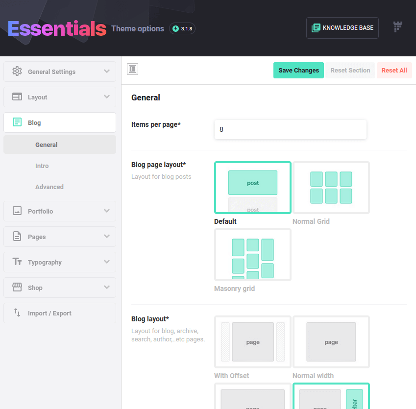 blog general options under the essentials theme options