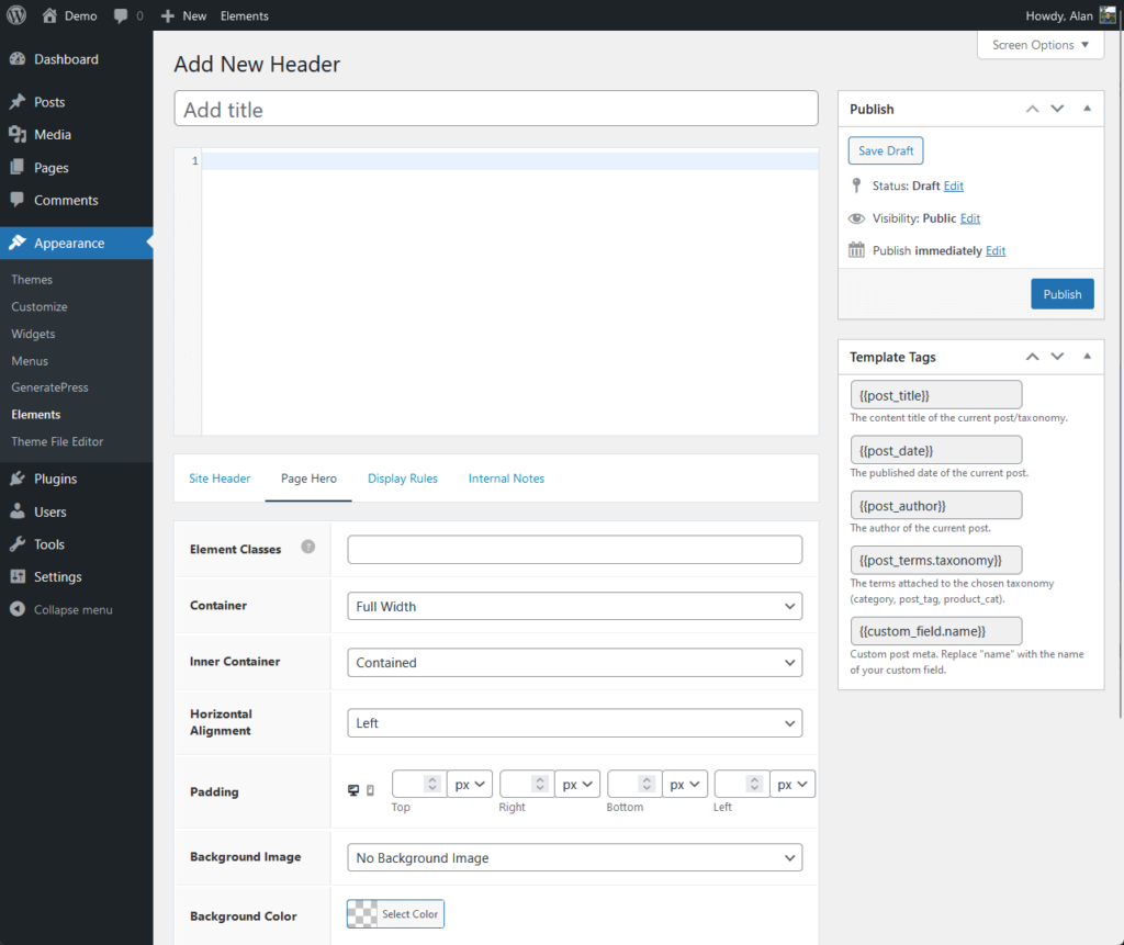 add a new header element using generatepress