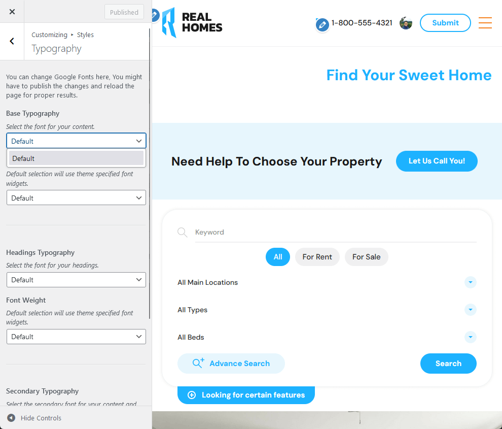 no other options in the typography besides the default