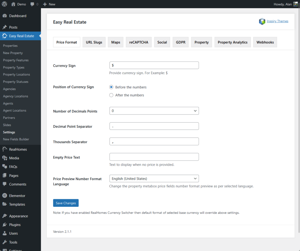 price format settings inside easy real estate