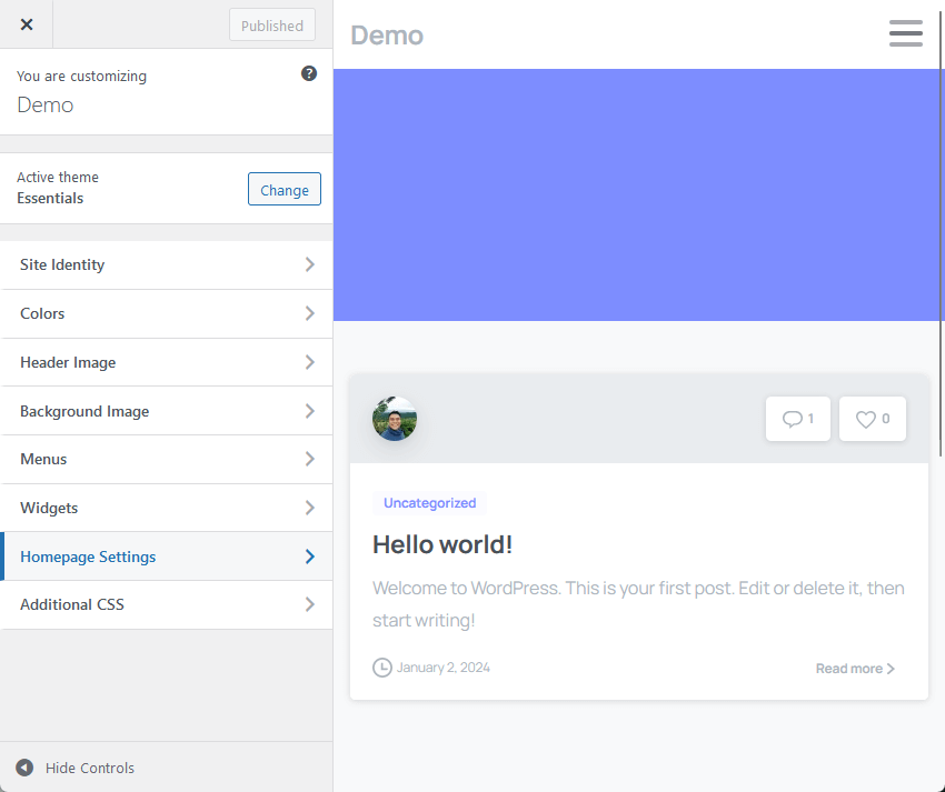 the almost empty customizer settings in essentials