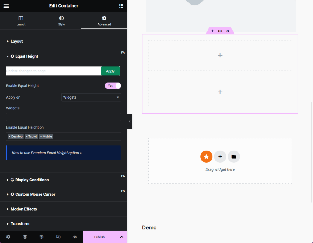 enable equal height from premium addons on a regular 2-column elementor container