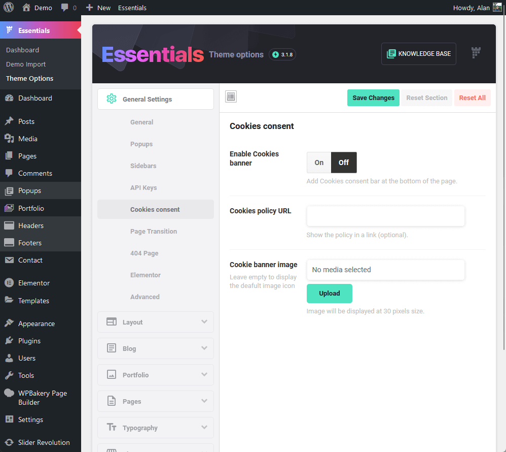 cookies consent settings by the essentials theme
