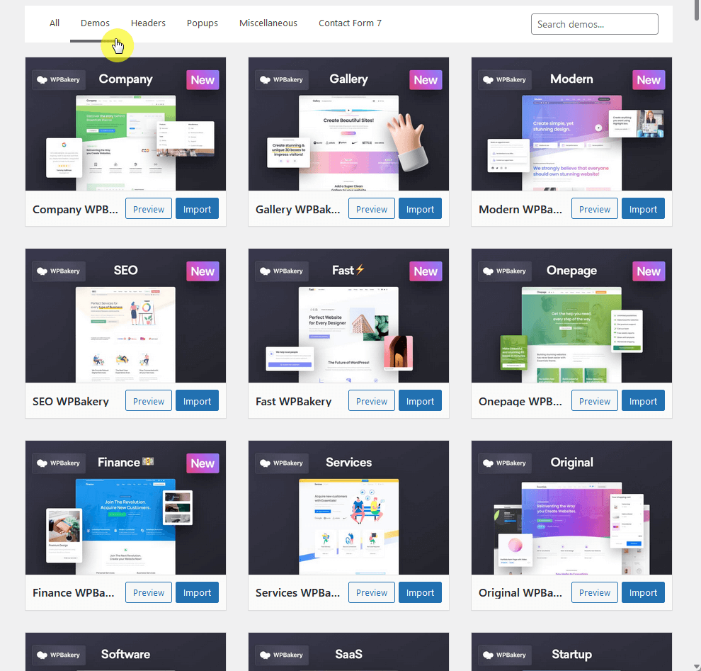 find all the demo sites within the demo tab in essentials