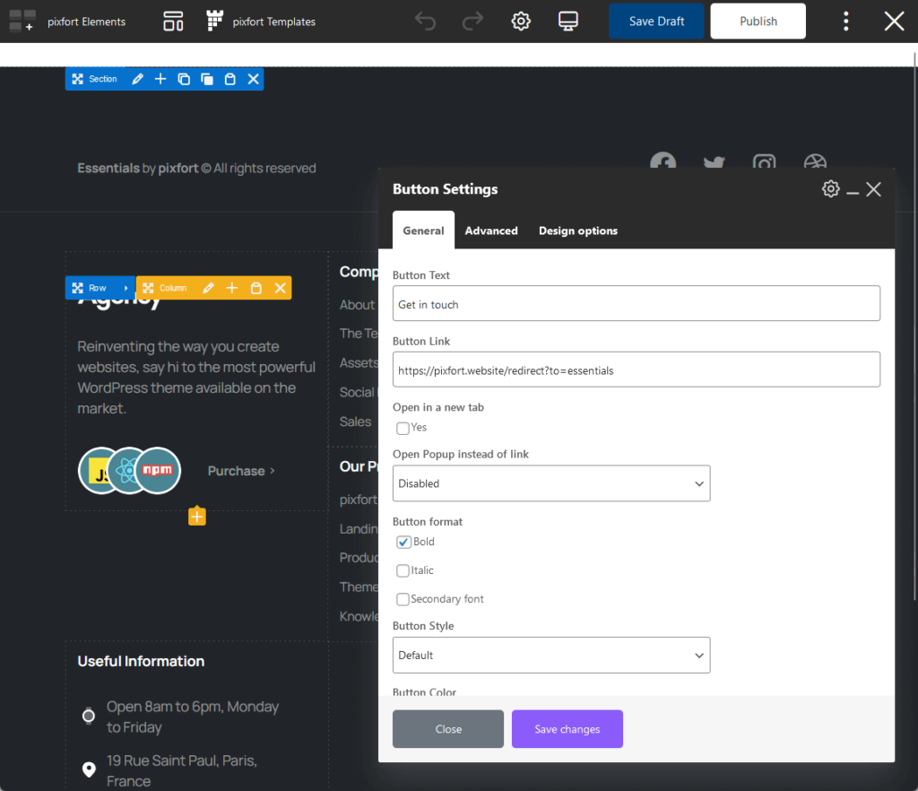 button settings within the essentials footer builder