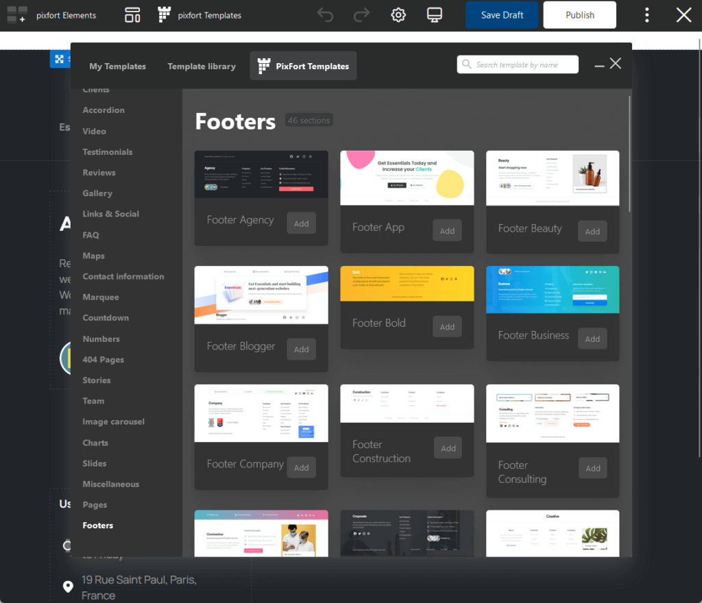 choose from different pixfort footer templates available