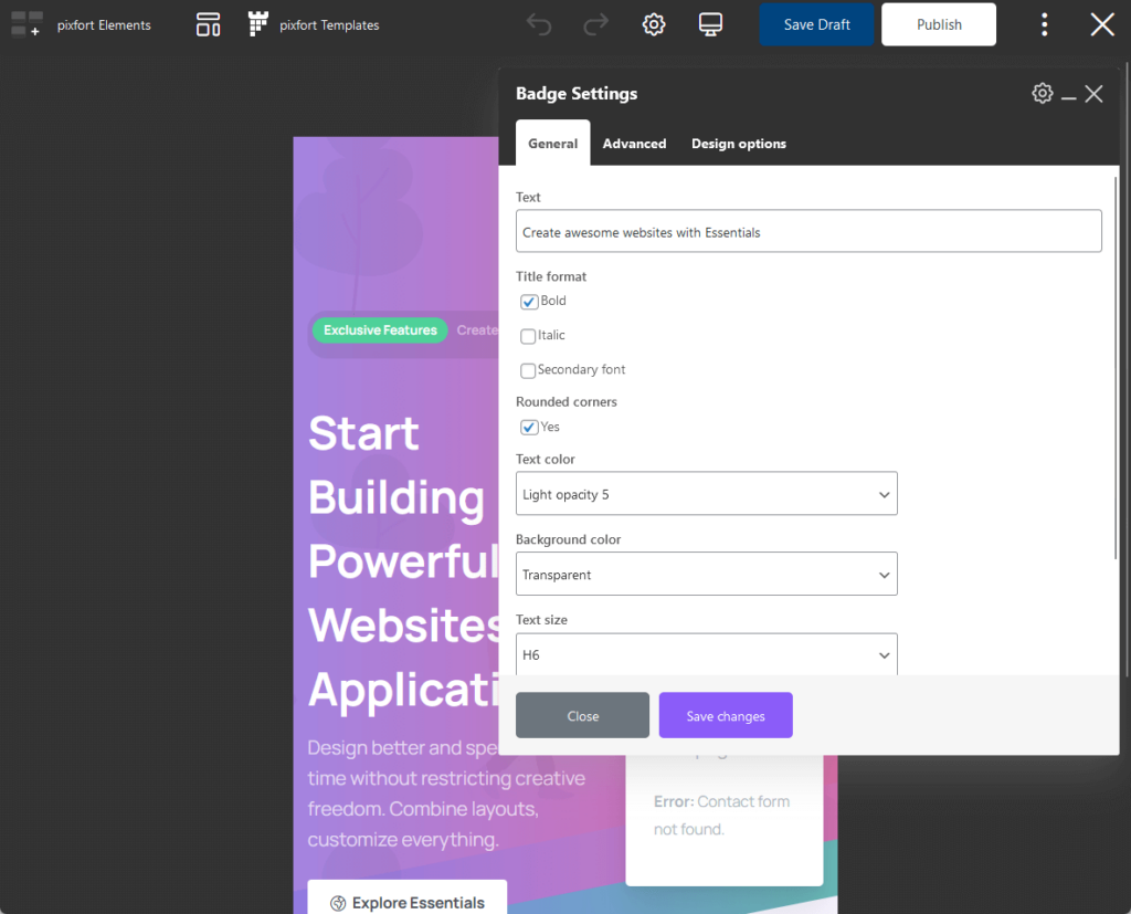 creating a popup item with essentials on the frontend editor