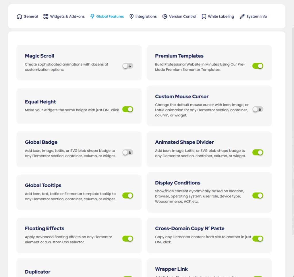 all the global features available in the free premium addons