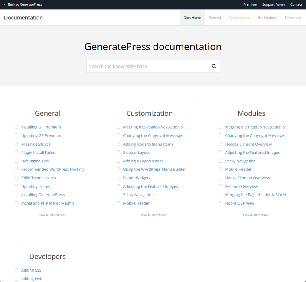 homepage of the generatepress documentation