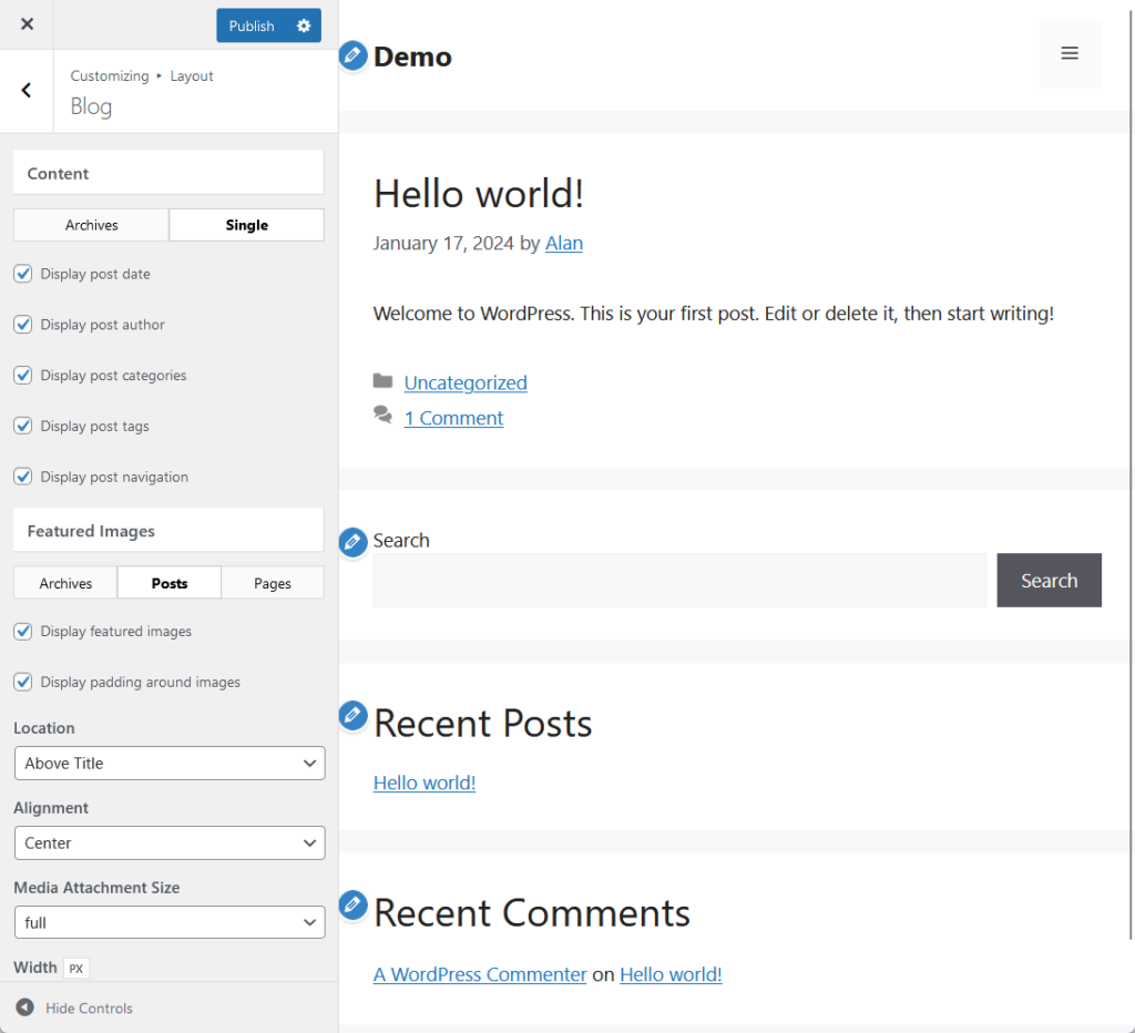 blog layout configuration in the generatepress customizer