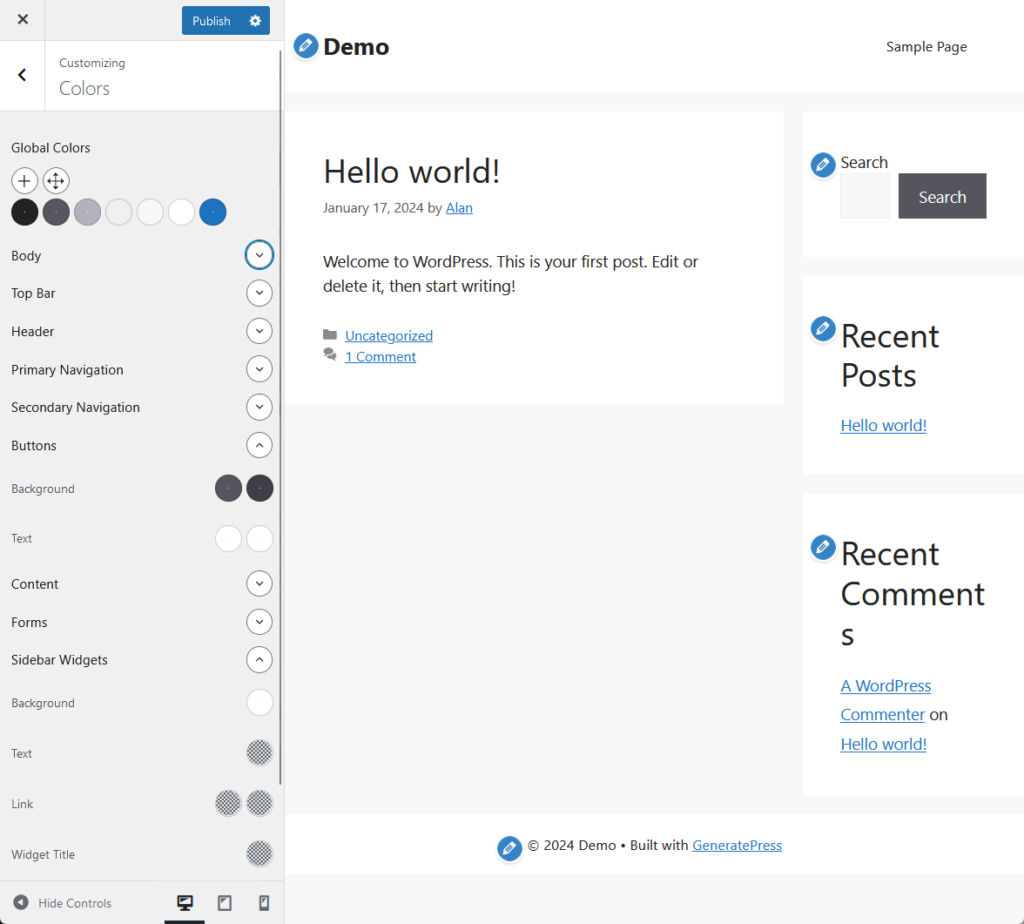 colors configuration in the generatepress customizer