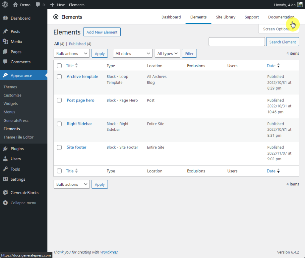 shortcut to the documentation page from the admin dashboard