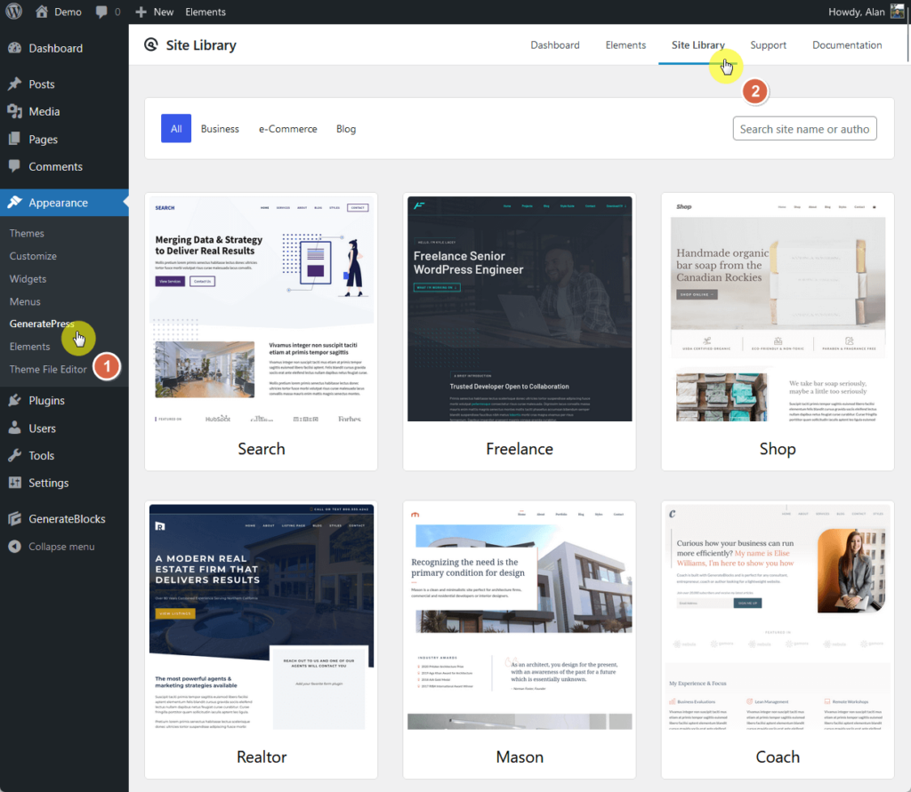 the demo site library in generatepress