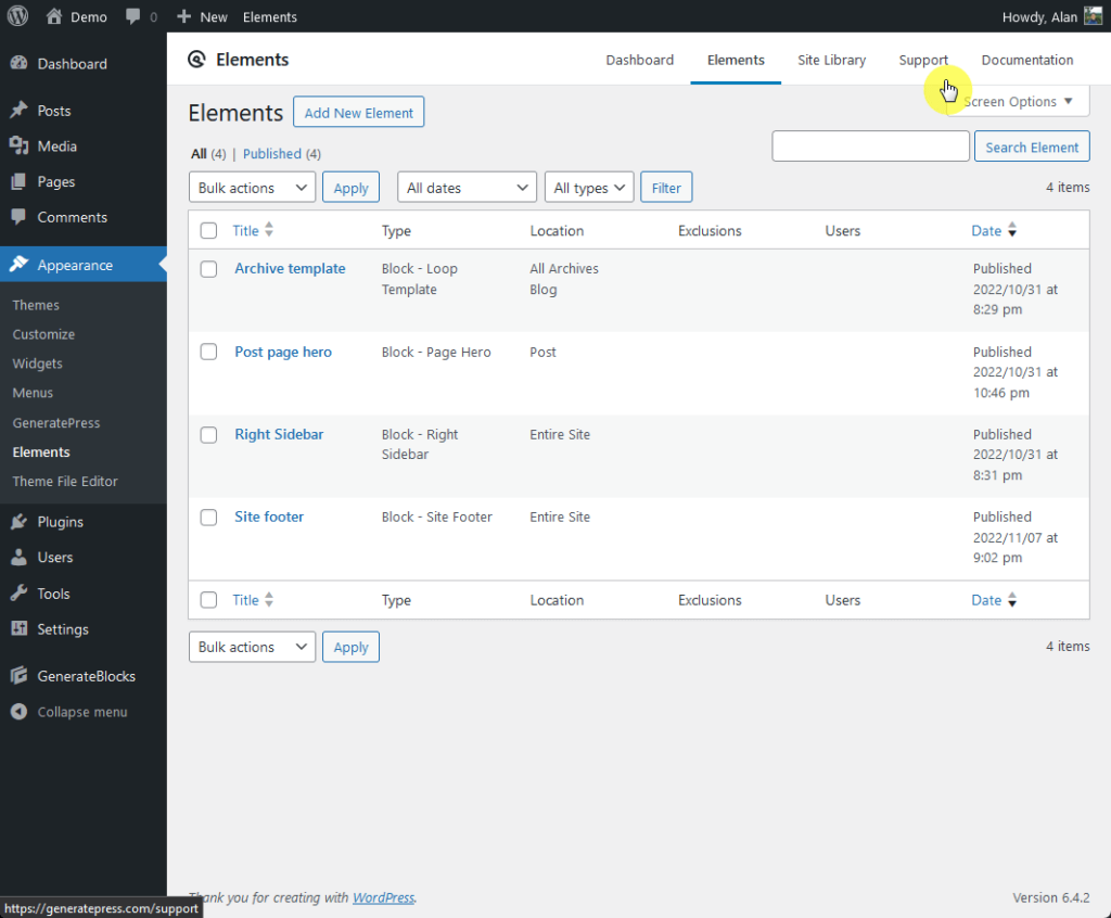 shortcut to the support page from the admin dashboard