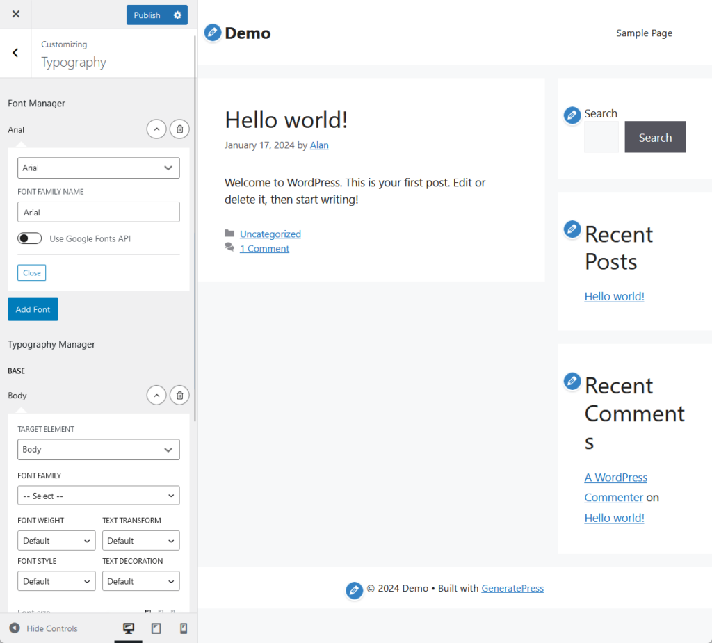 typography customizer in the generatepress customizer