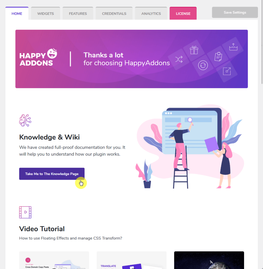 take me to the knowledge page of happy addons