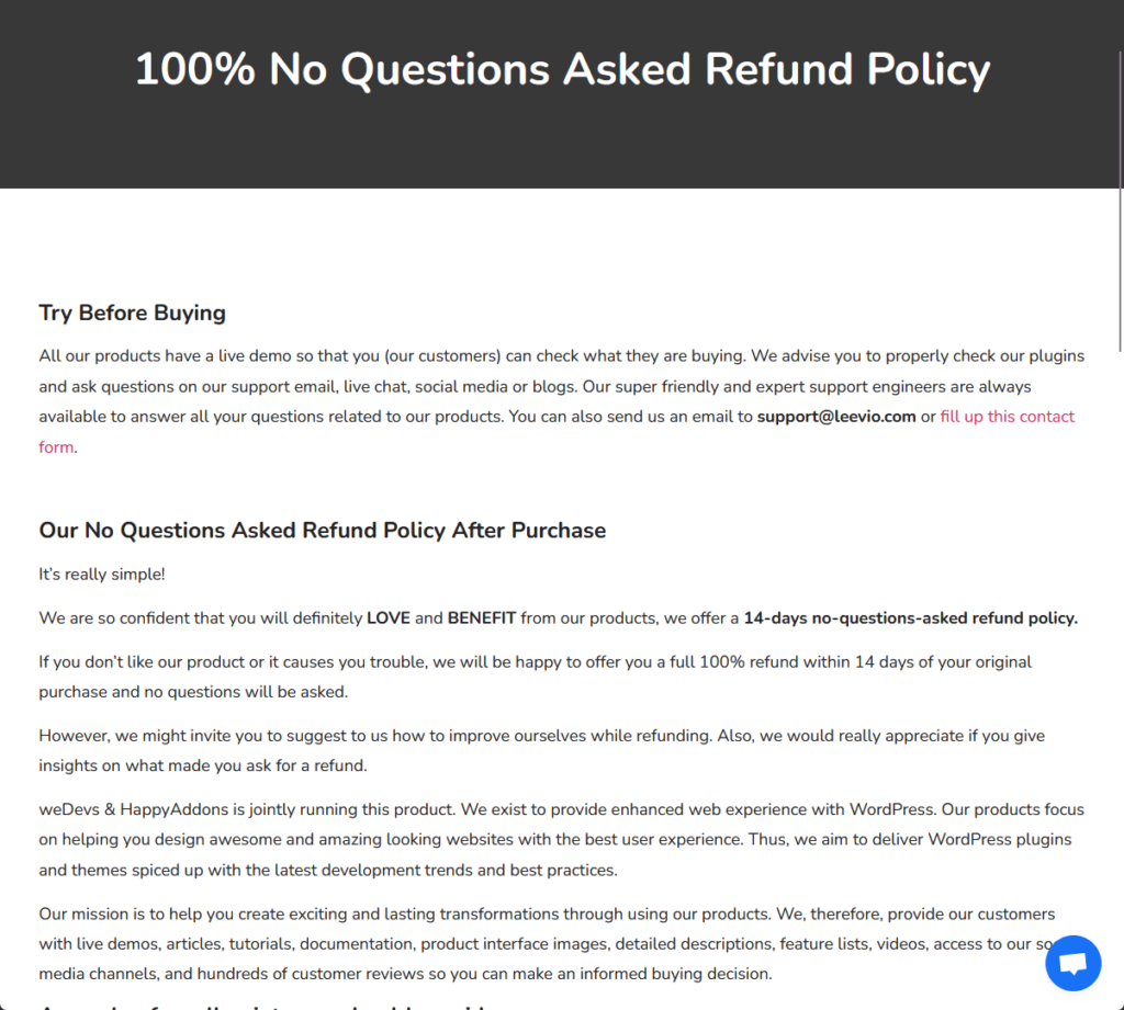 100% No Questions Asked Refund Policy for Happy Addons