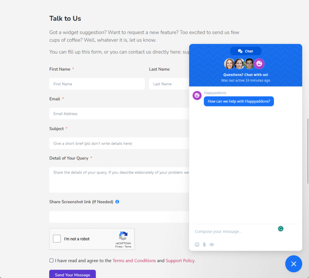 happy addons and its email form and live chat