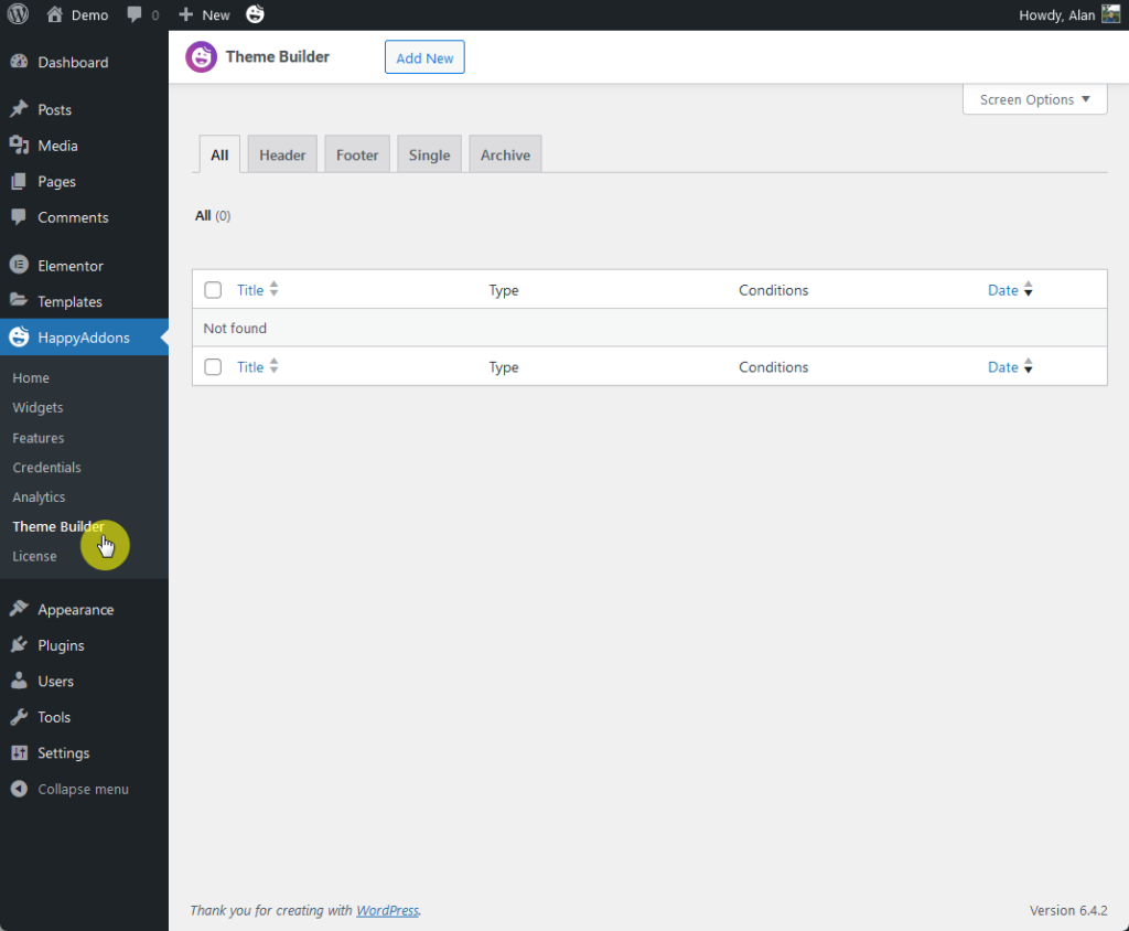 theme builde feature of happy addons