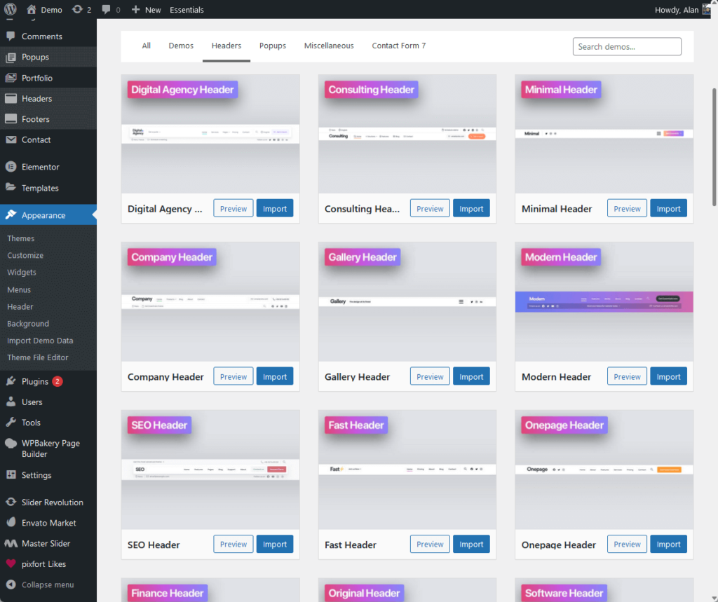 install essential header templates from the demo import page