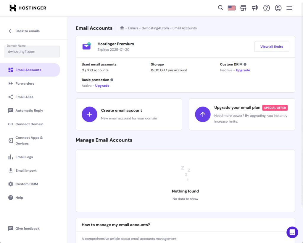 email accounts dashboard inside hostinger
