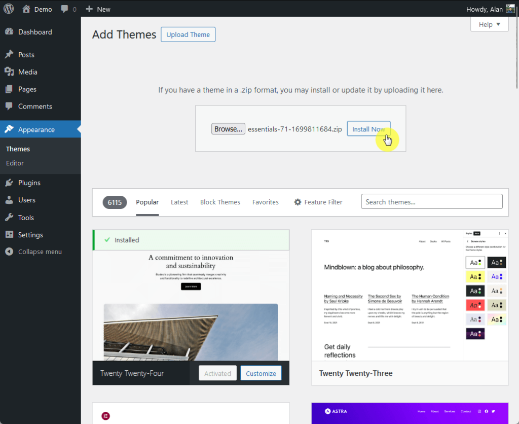 upload and install the essentials theme