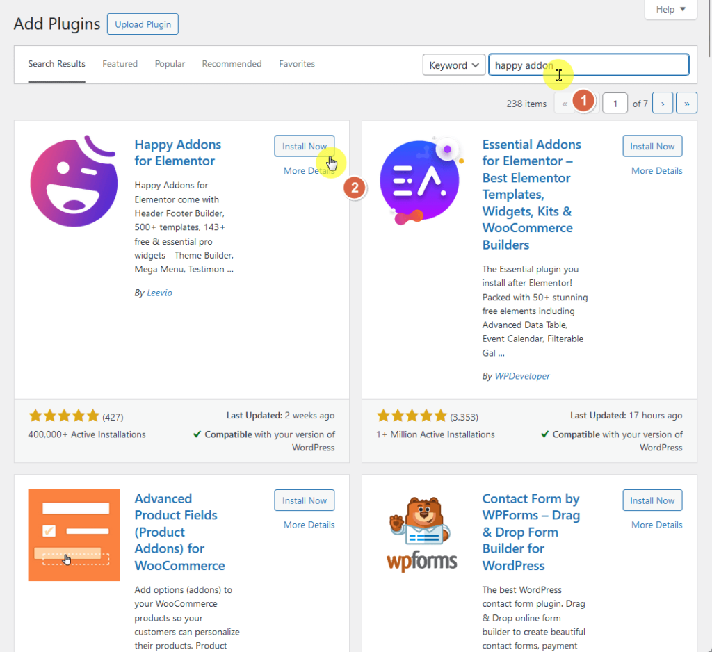 install and activate the free happy addons version