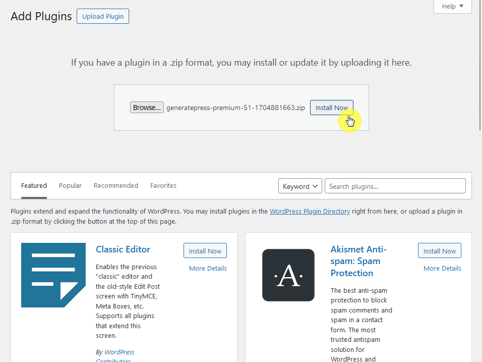 upload and install generatepress premium plugin