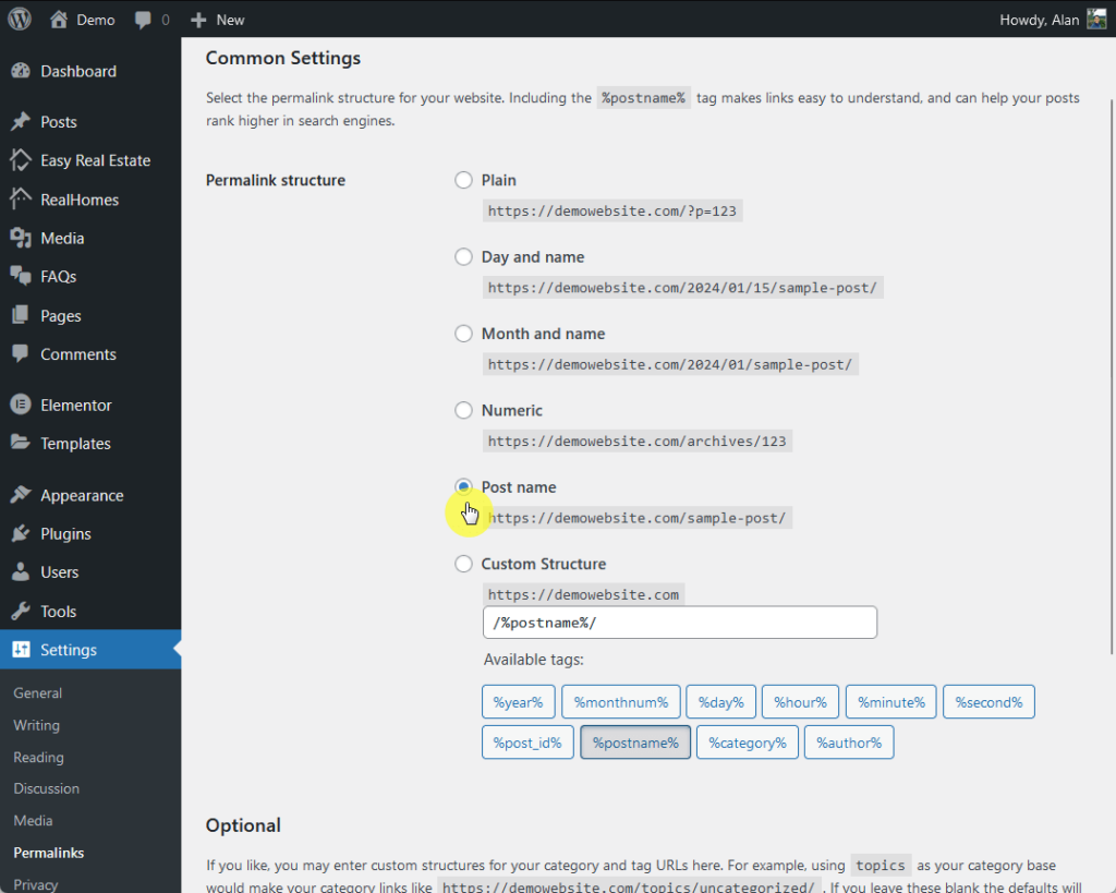 change the permalink structure to post name