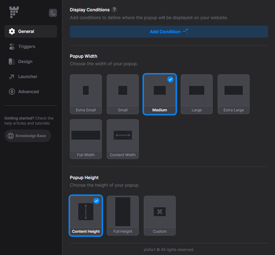 configure the popup’s display conditions and general settings
