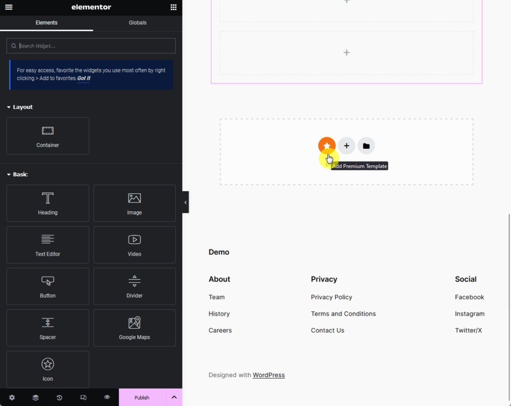 star icon or premium addon icon right inside the theme builder page canvas