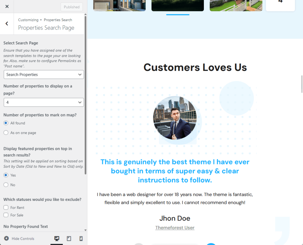 realhomes customizer settings: properties search page