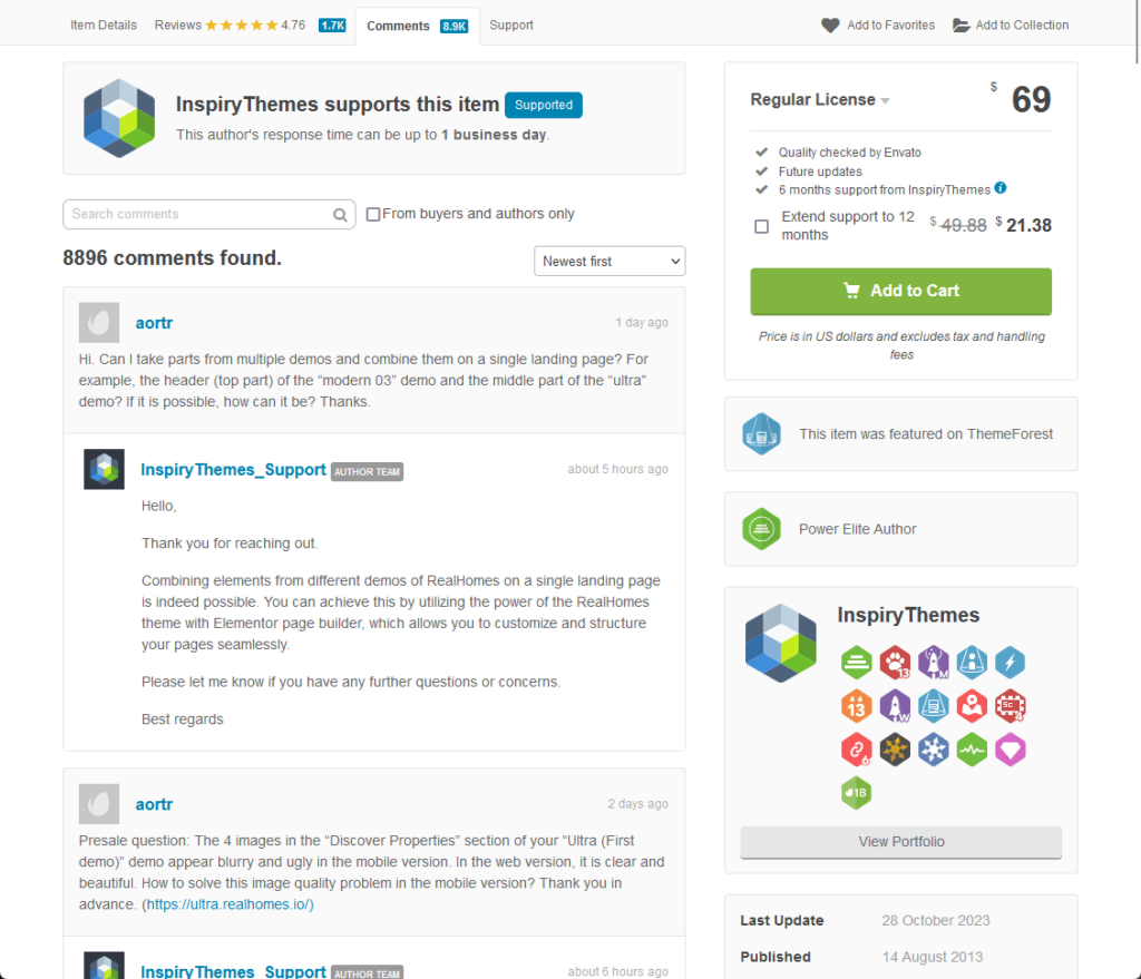 realhomes team actively answers questions on themeforest