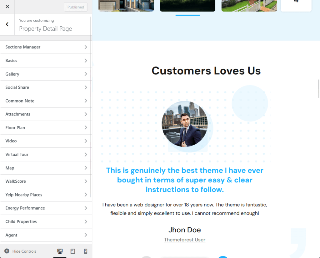 realhomes customizer settings: properties detail page