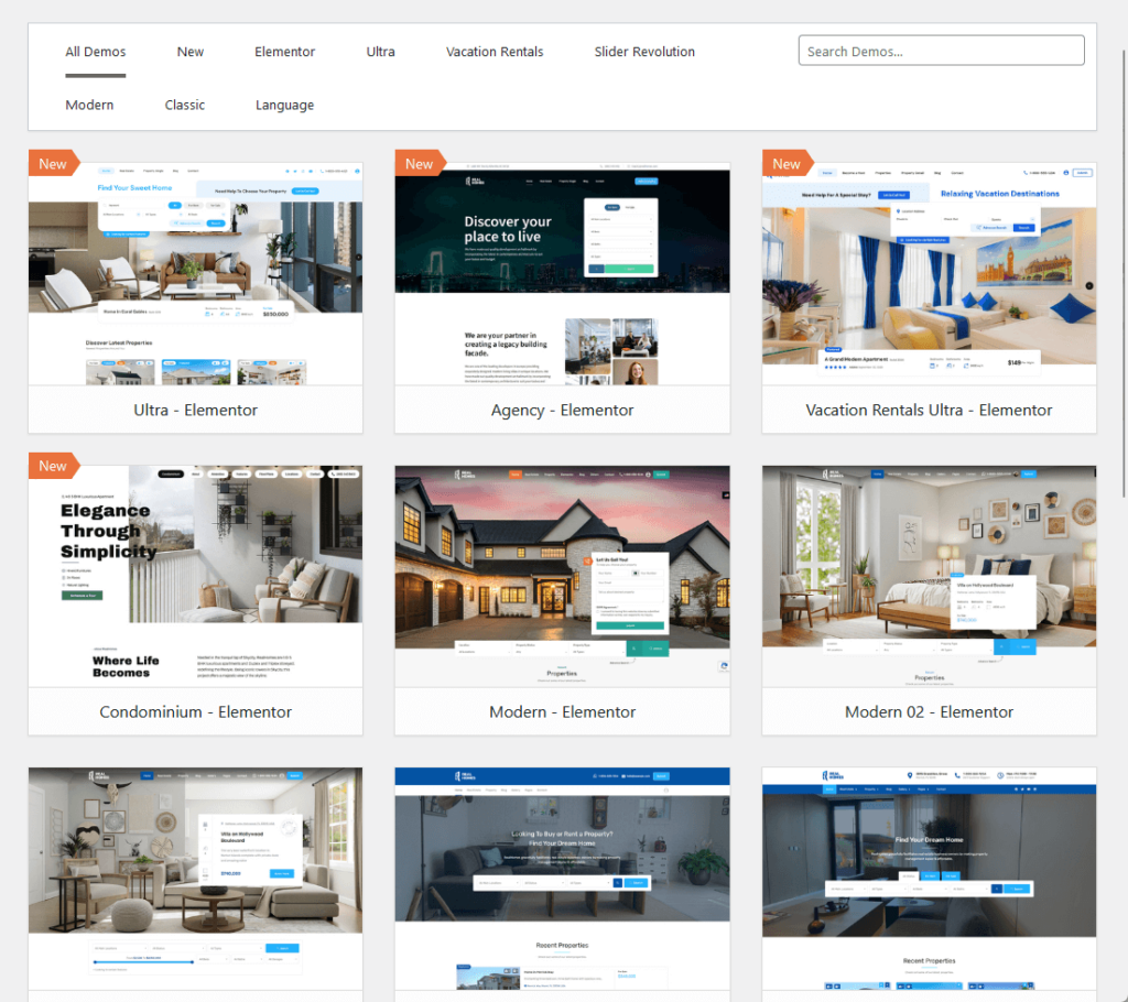 all the available demo sites for realhomes